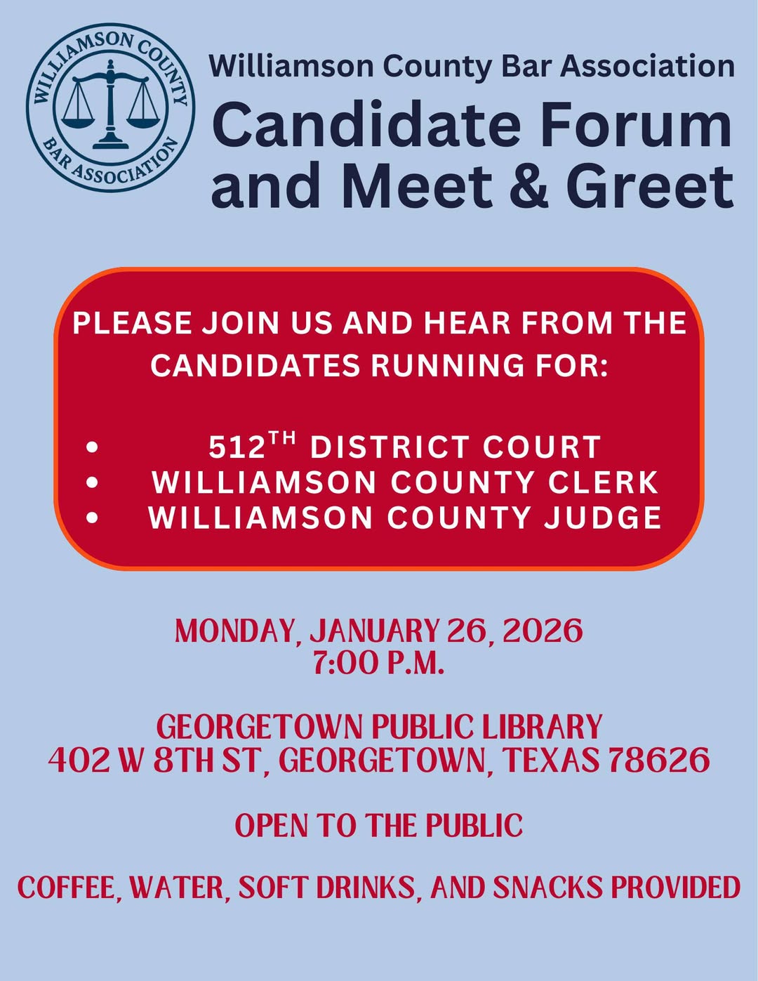 Rescheduled – Williamson County Bar Association Candidate Forum and Meet & Greet